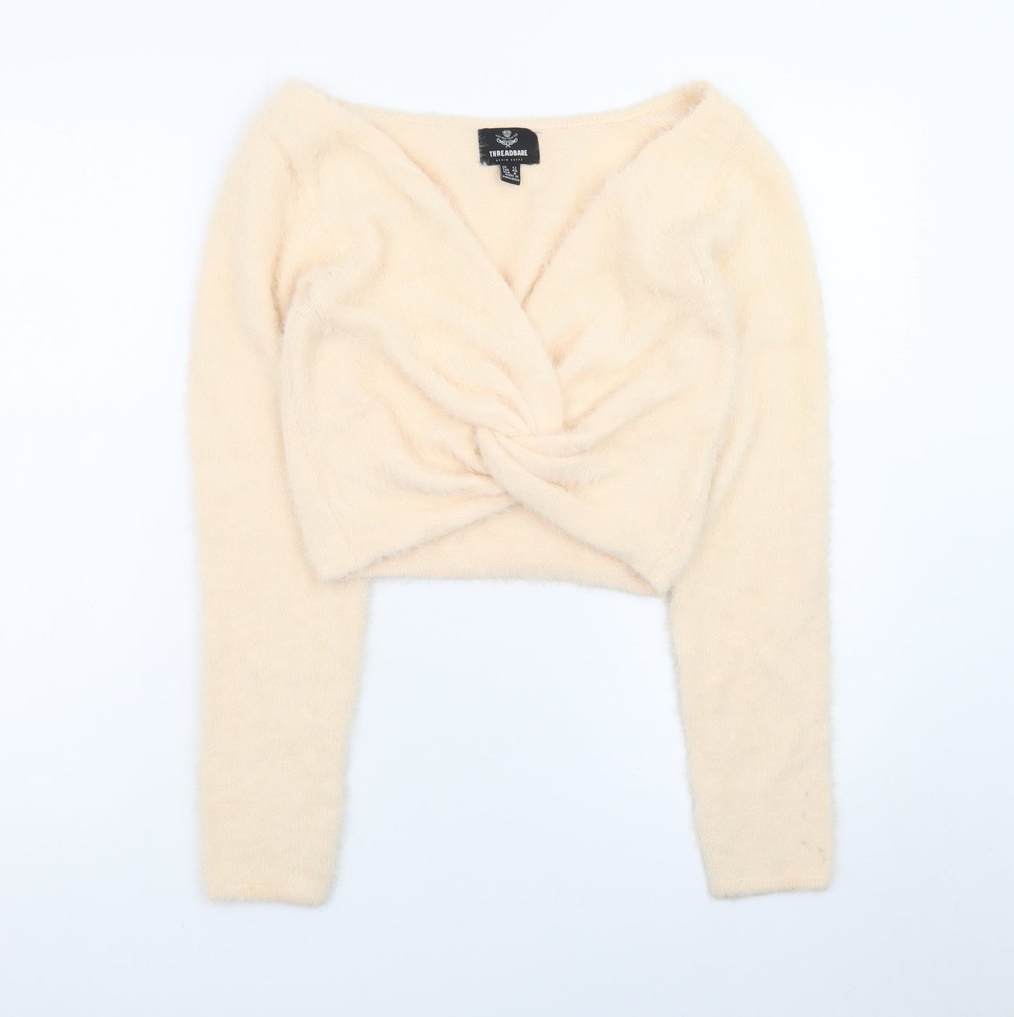 Threadbare Women Beige V-Neck Long Sleeve Twist Front Jumper Size 12