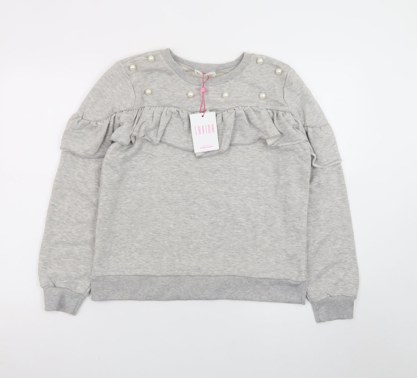 Savida Womens Grey Pearl Ruffle Long Sleeve Pullover Sweatshirt Size L