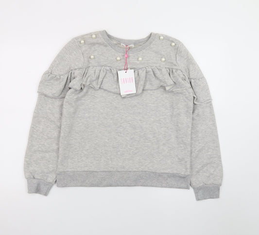 Savida Womens Grey Pearl Ruffle Long Sleeve Pullover Sweatshirt Size L