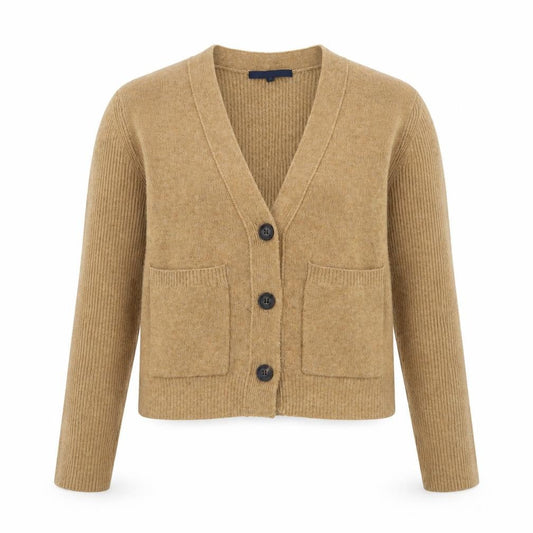 Front view of French Connection Women's Beige Wool Blend V-Neck Cardigan, size S