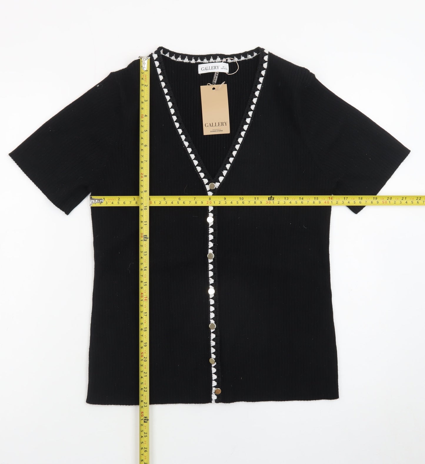 Gallery Womens Black V-Neck Short Sleeve Button Cardigan Size 16