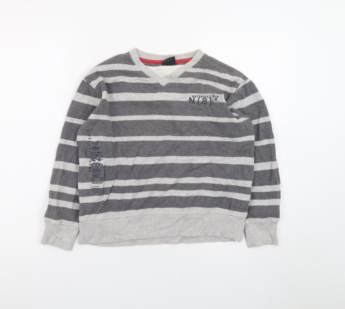 Next Teens Grey Striped Cotton V-Neck Jumper XS