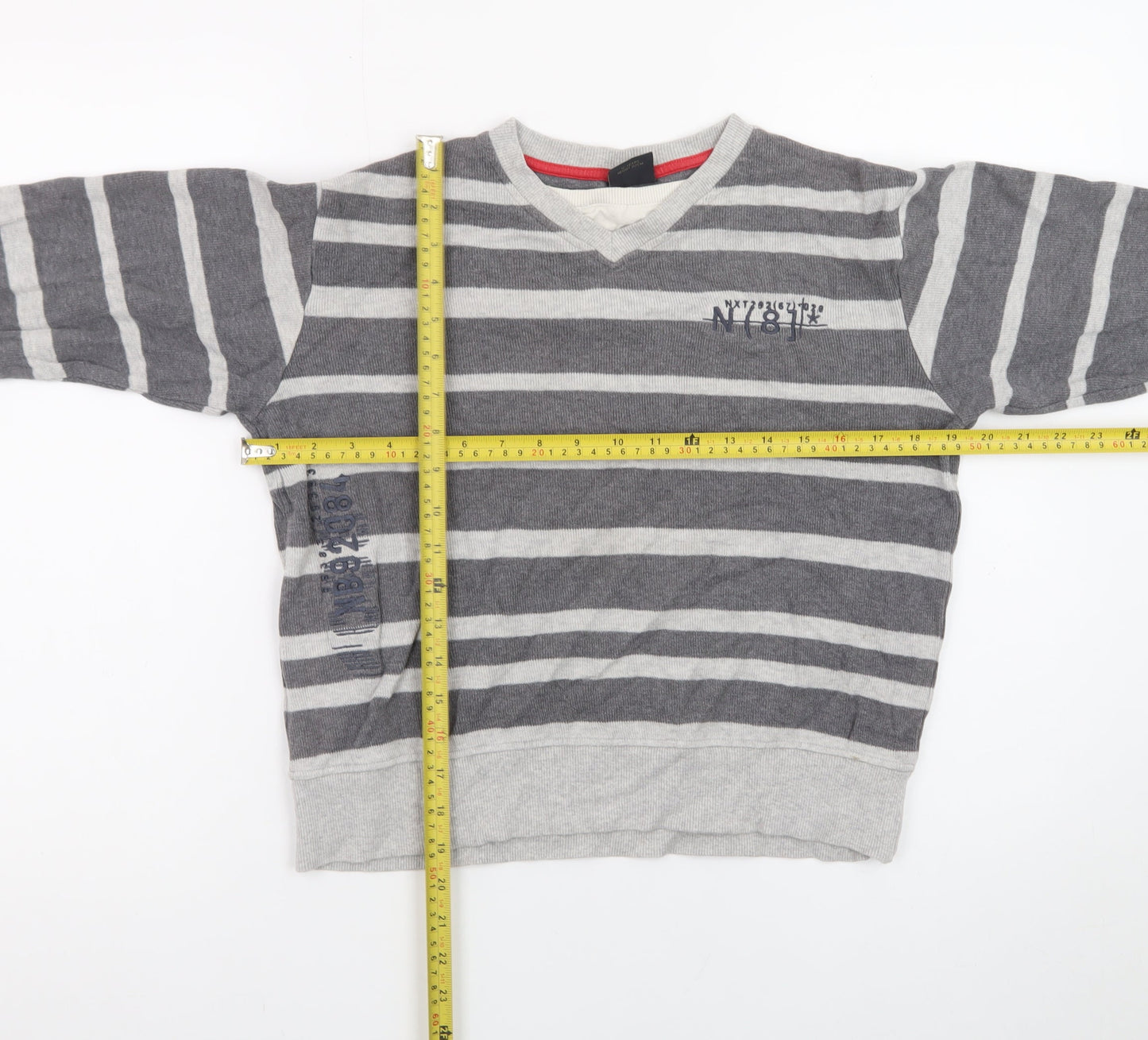 Next Teens Grey Striped Cotton V-Neck Jumper XS