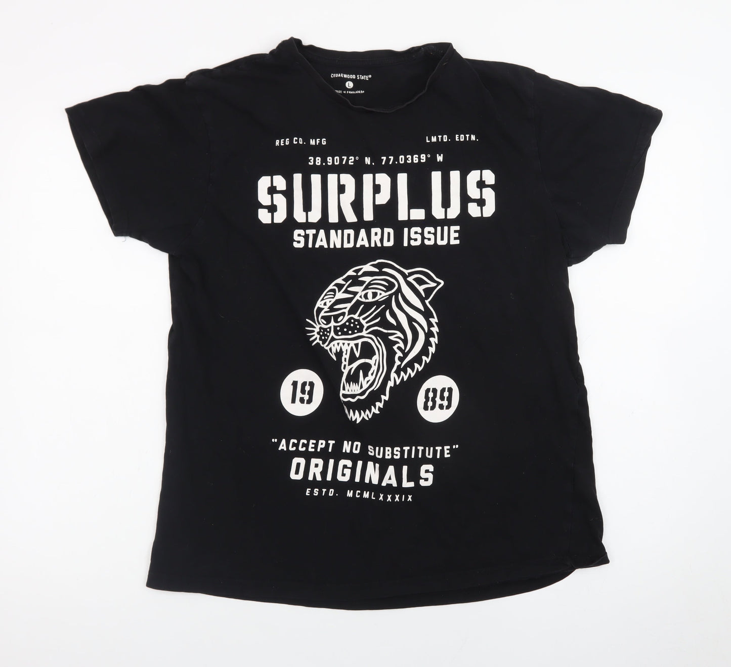Cedarwood State Men's Black Tiger Graphic Crew Neck T-Shirt Size L