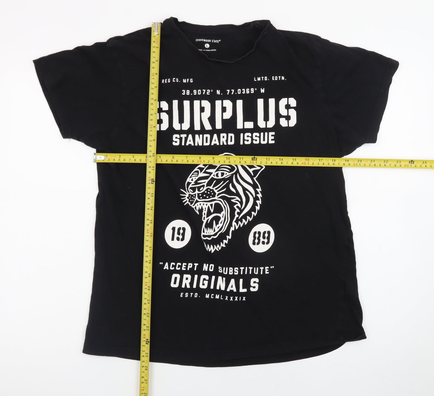 Cedarwood State Men's Black Tiger Graphic Crew Neck T-Shirt Size L
