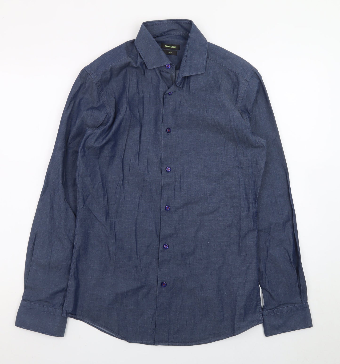 Remus Uomo Men's Blue Slim Fit Long Sleeve Cotton Shirt M