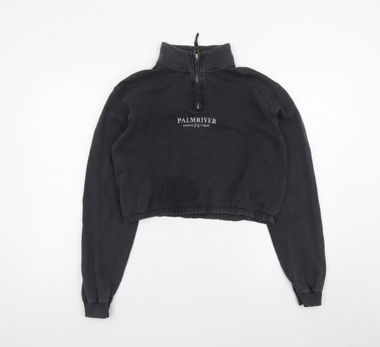 Pull&Bear Women Black 1/4 Zip Cropped Sweatshirt S