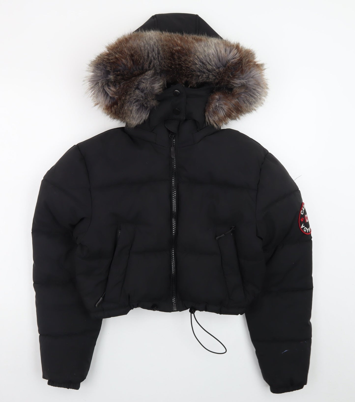 Red Chilli Womens Black S Cropped Puffer Jacket with Faux Fur Hood