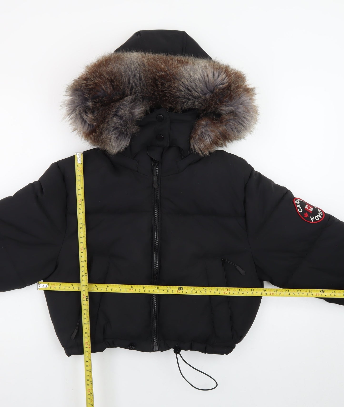 Red Chilli Womens Black S Cropped Puffer Jacket with Faux Fur Hood