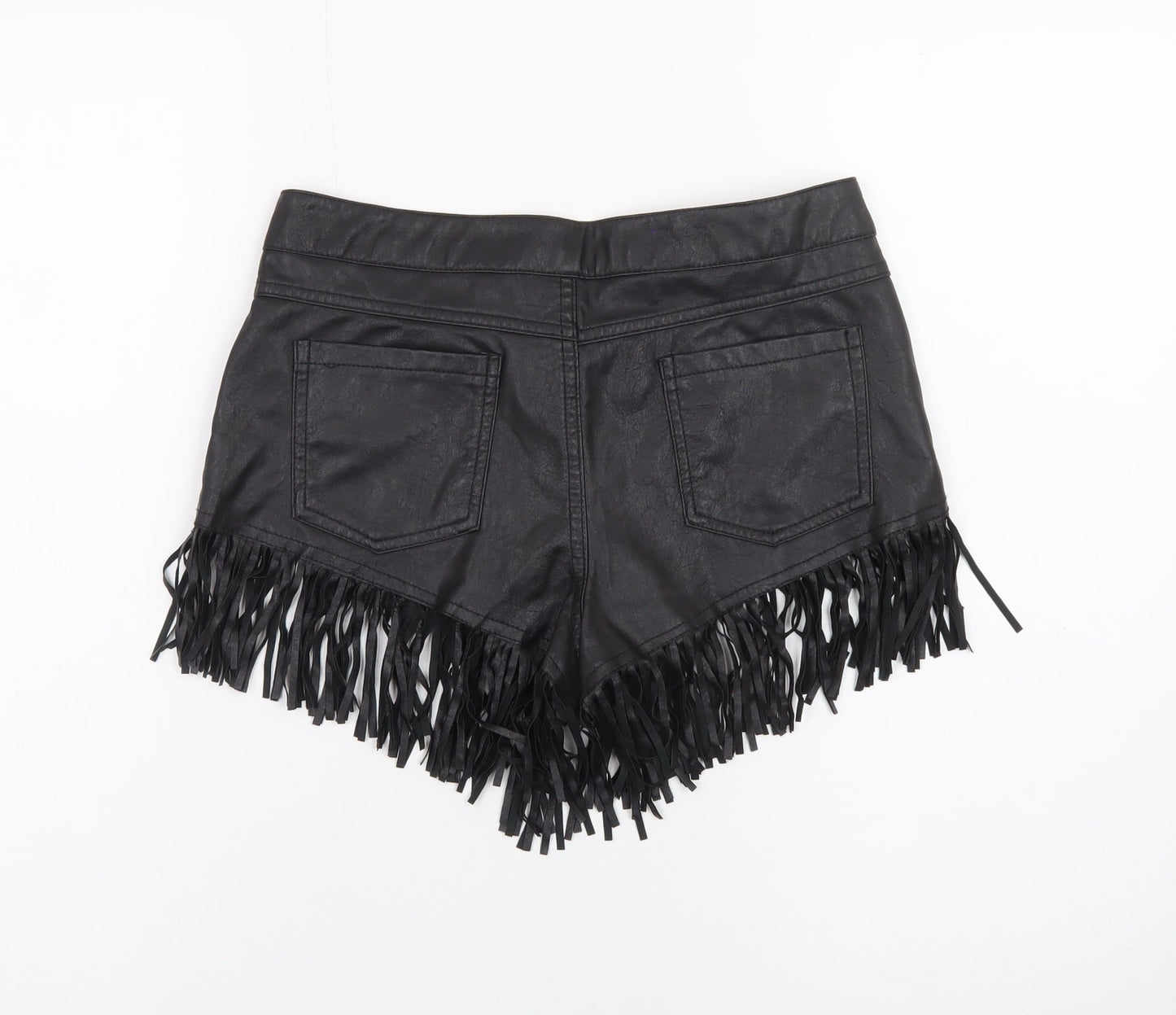 Boohoo Women's Black Faux Leather Fringe Hot Pants Shorts Size 8