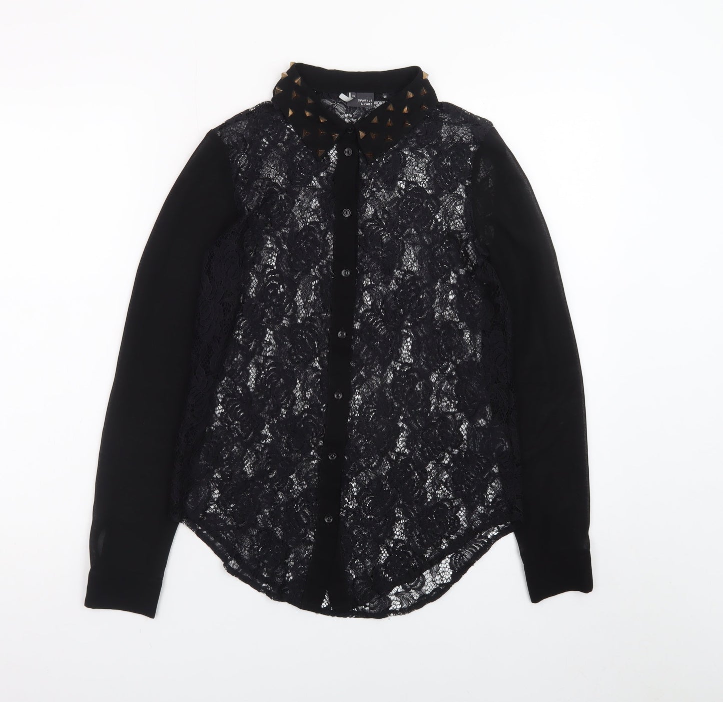 Sparkle & Fade Women's Black Lace Collared Studded Long Sleeve Blouse XS