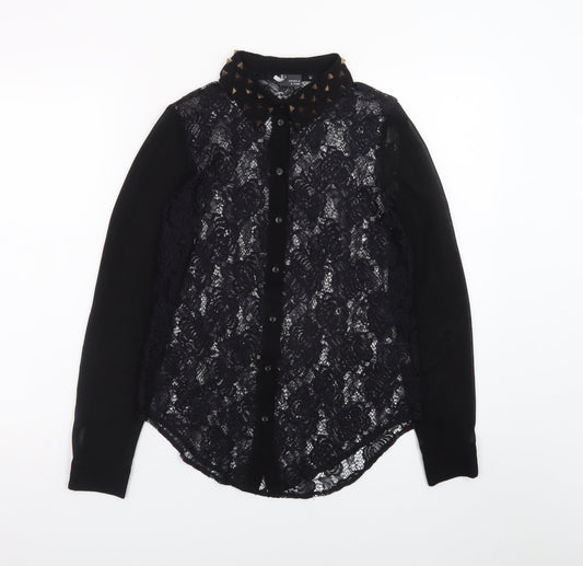 Sparkle & Fade Women's Black Lace Collared Studded Long Sleeve Blouse XS