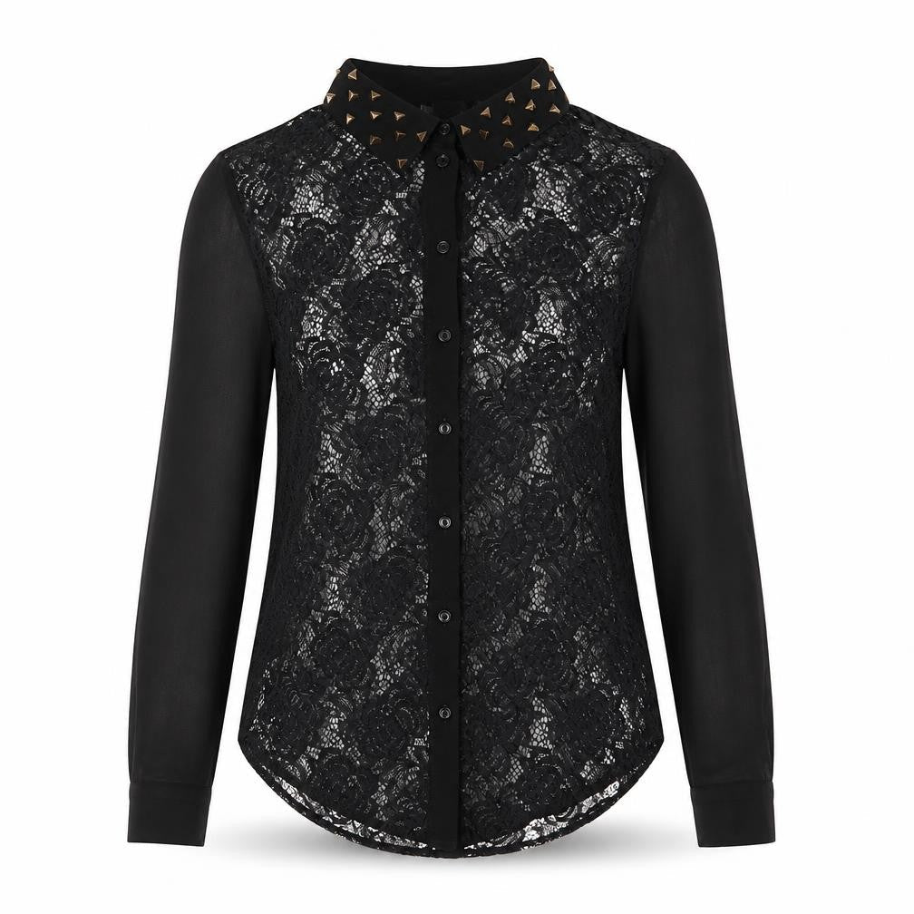 Sparkle & Fade Women's Black Lace Collared Studded Long Sleeve Blouse XS
