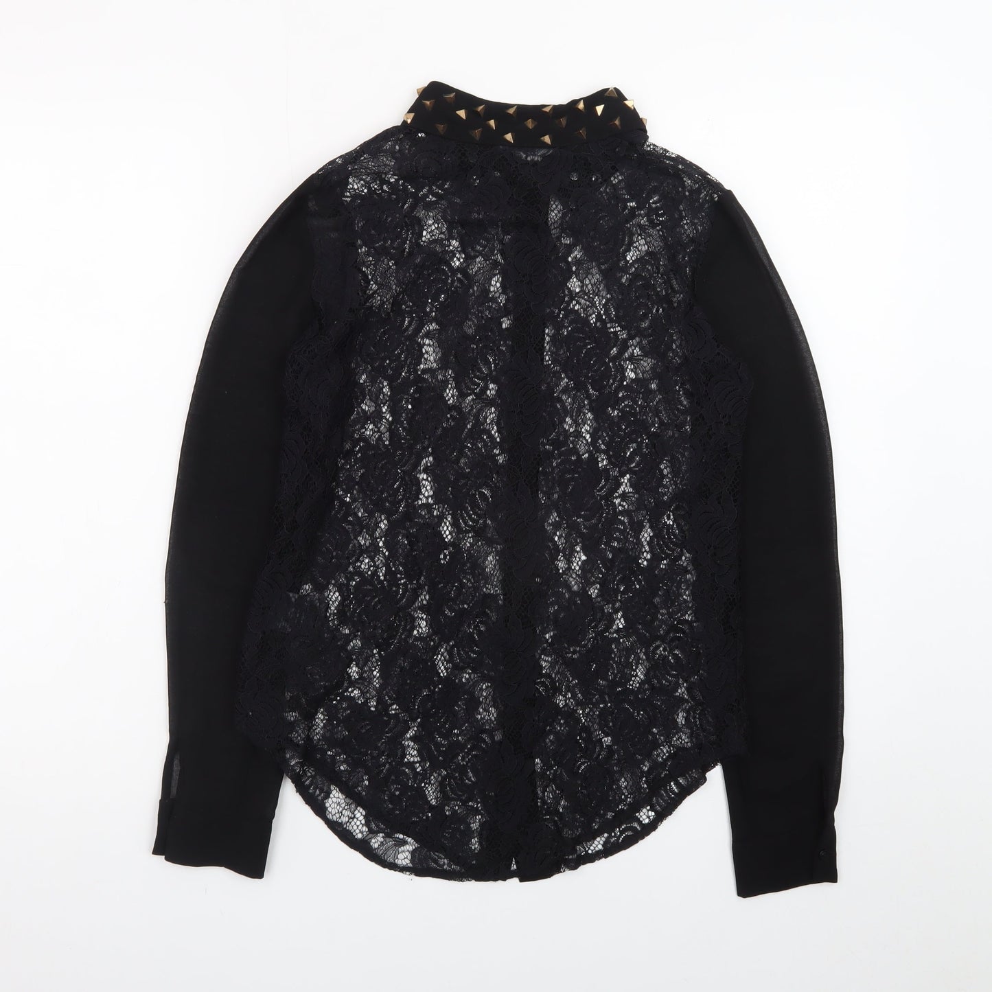 Sparkle & Fade Women's Black Lace Collared Studded Long Sleeve Blouse XS