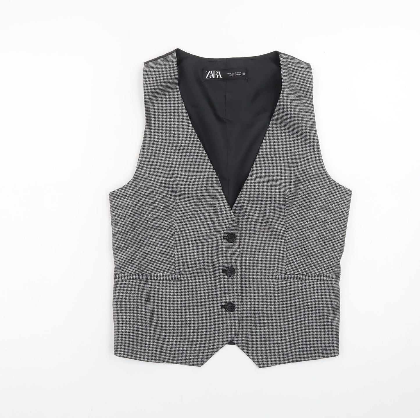 Zara Women Grey Check Waistcoat Vest Medium Classic Tailored