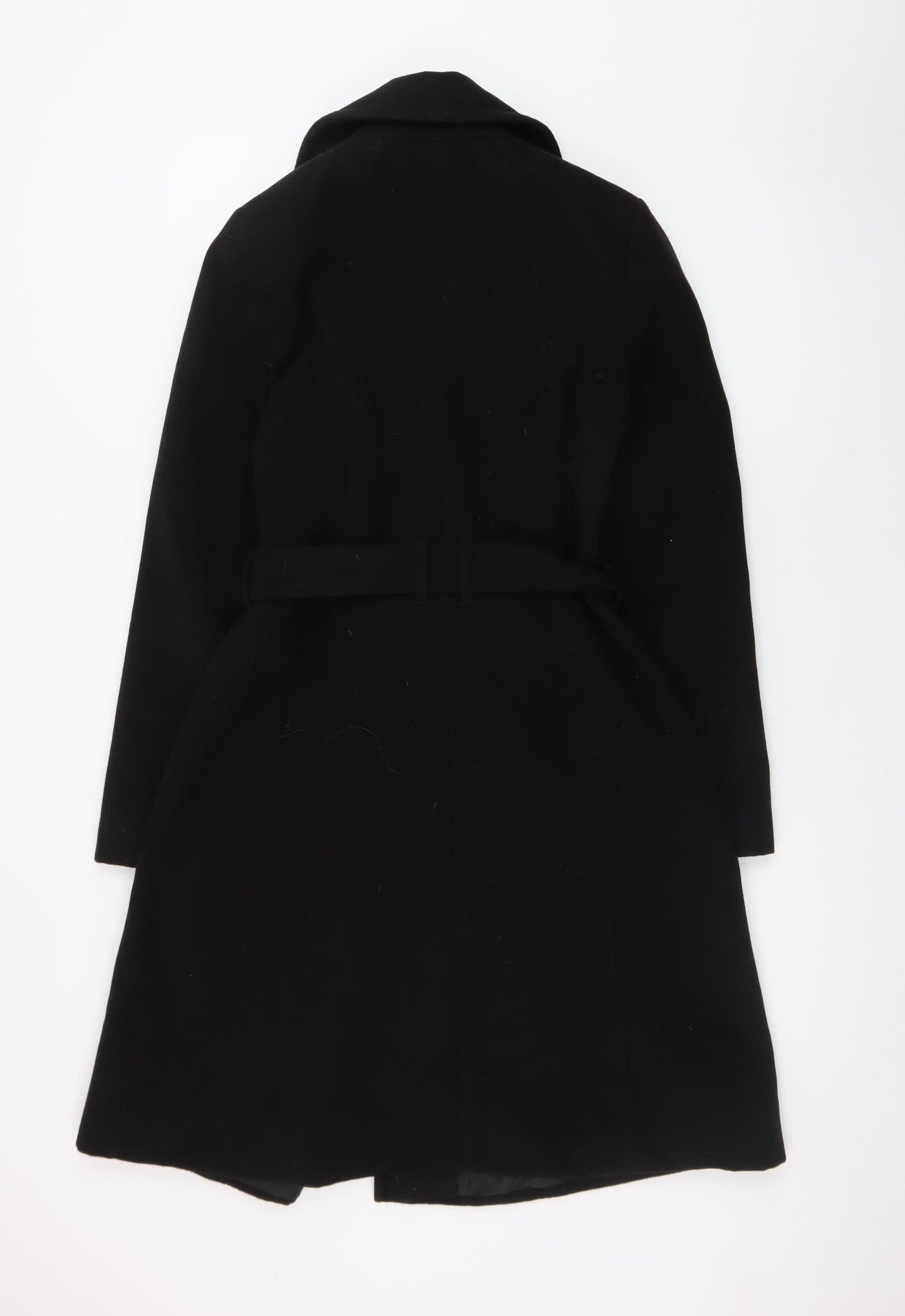 BHS Women Black Wool Blend Long Belted Overcoat Size 10