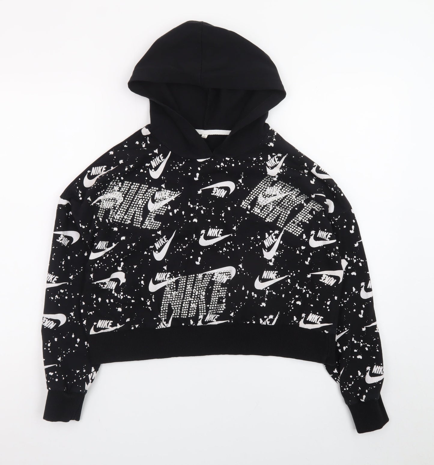 Nike Womens Black White Logo Print Pullover Hoodie Size S