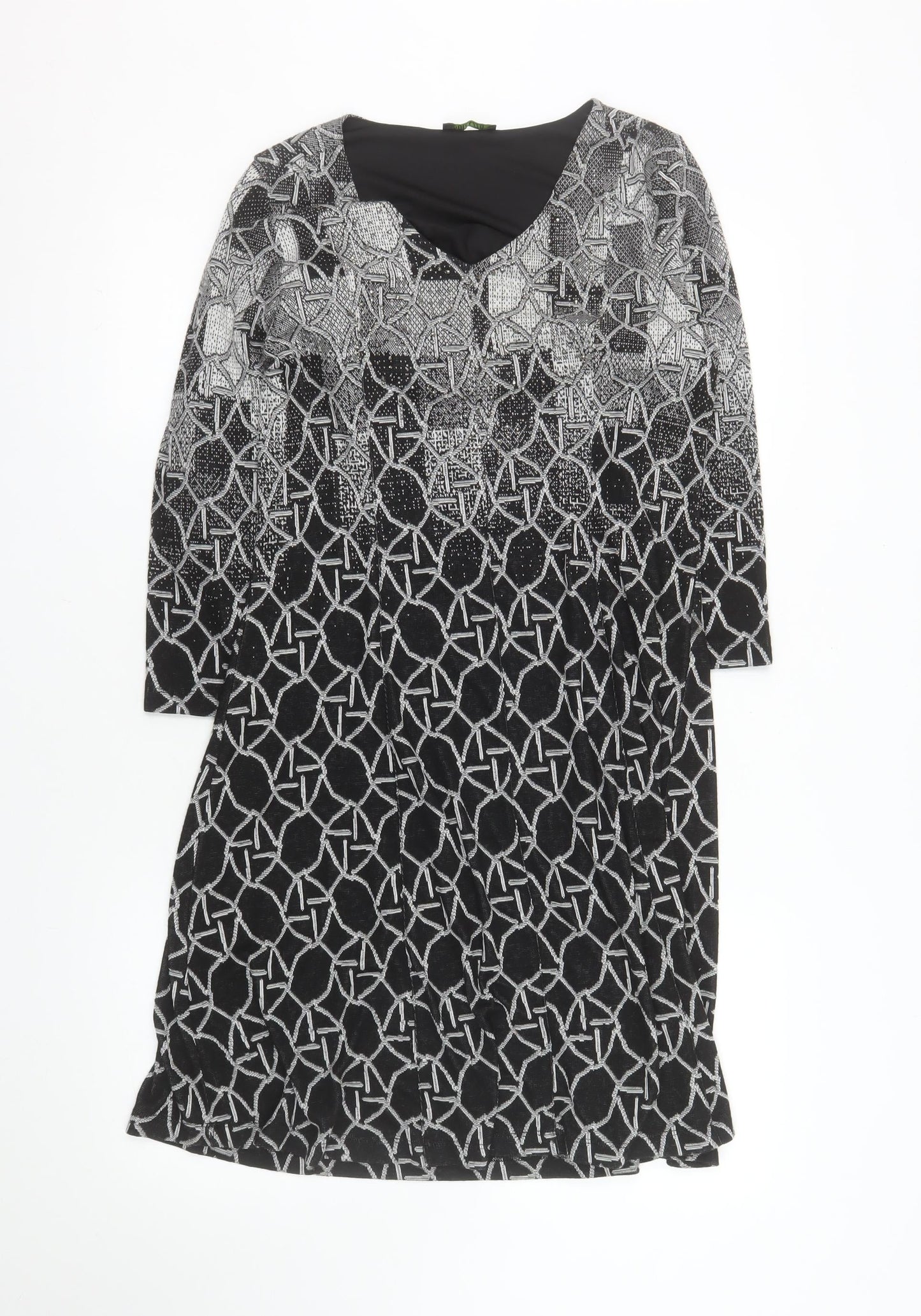 Dolcezza Women Black Geometric Shift Dress Size S 3/4 Sleeve V-Neck
