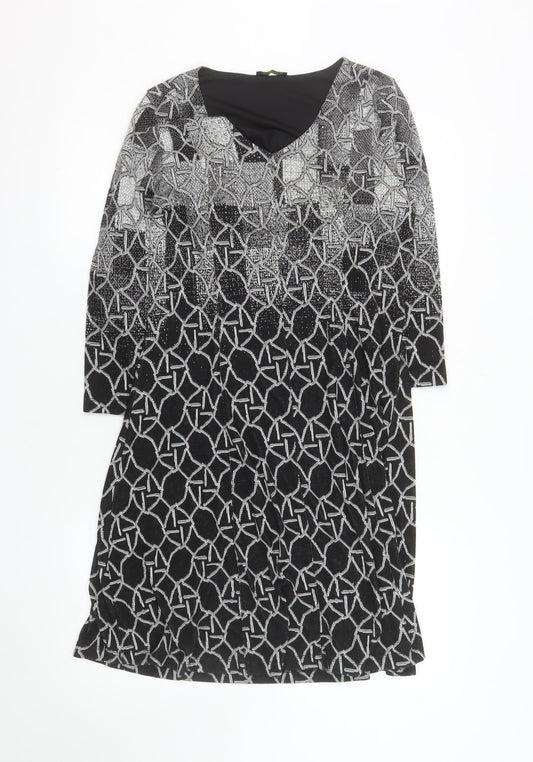 Dolcezza Women Black Geometric Shift Dress Size S 3/4 Sleeve V-Neck