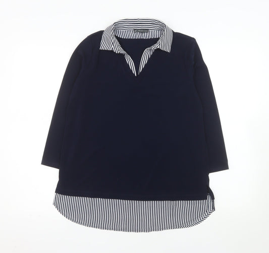 Adrianna Papell Women Blue Striped Collar Tunic Blouse Size S