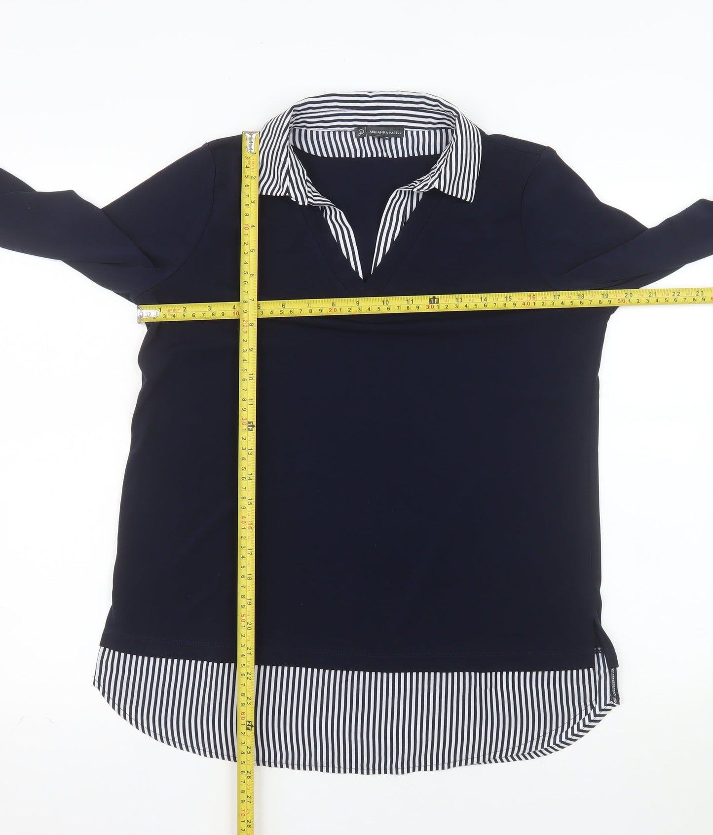 Adrianna Papell Women Blue Striped Collar Tunic Blouse Size S