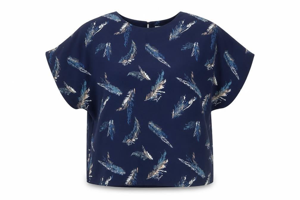 Gallery Women Blue Feather Print Short Sleeve Blouse Size L