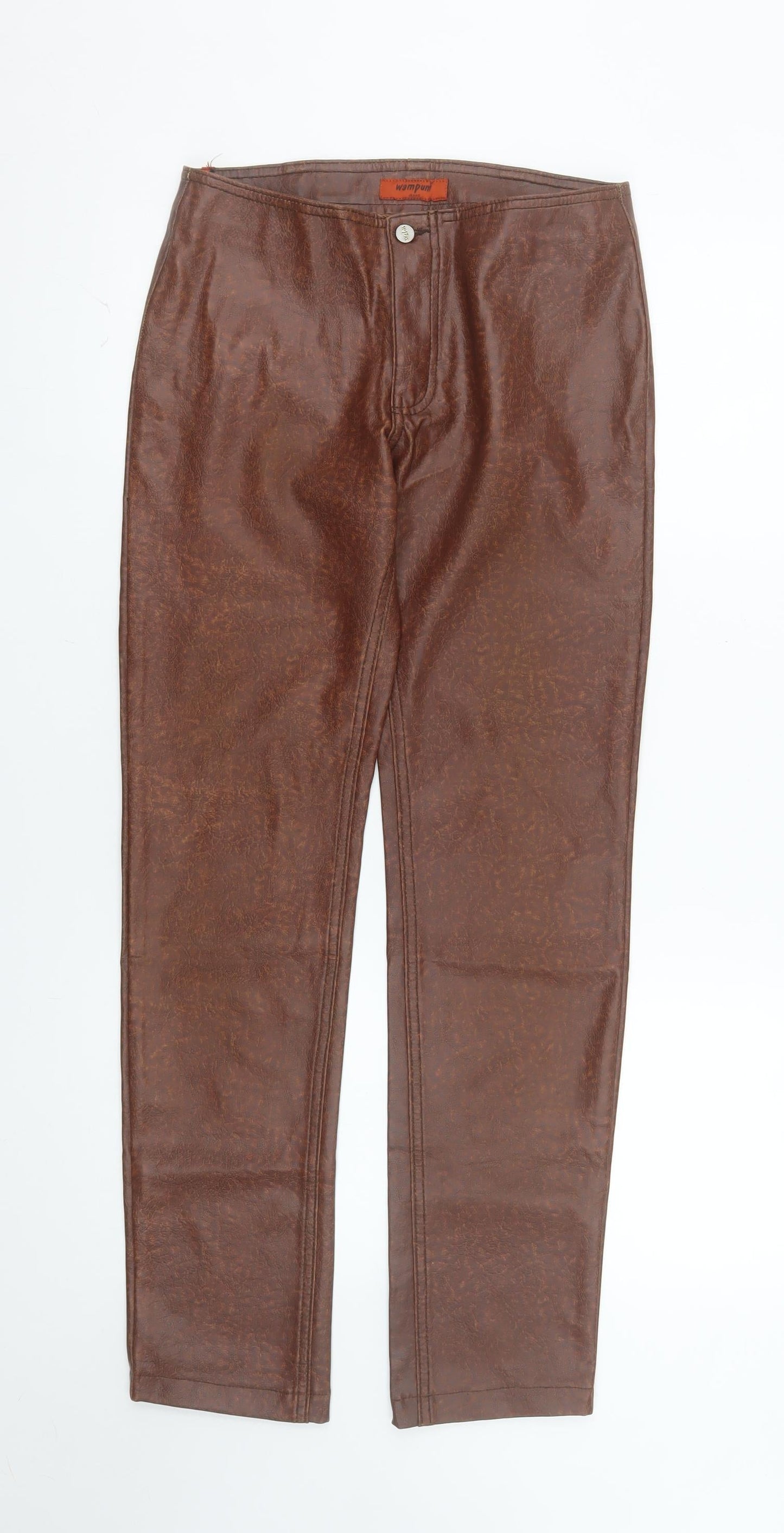 Wampum Womens Brown Faux Leather High Rise Straight Trousers Size 12