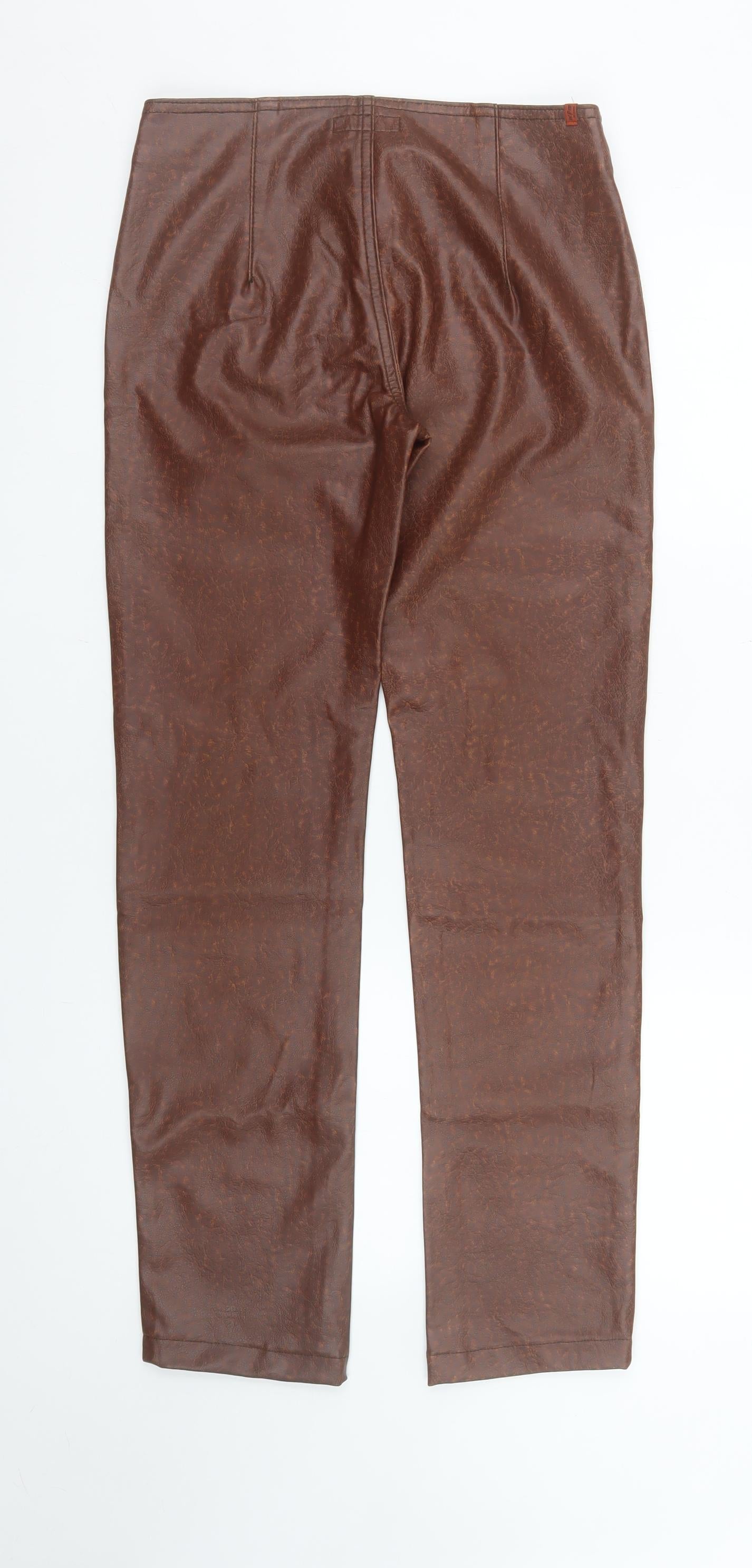 Wampum Womens Brown Faux Leather High Rise Straight Trousers Size 12