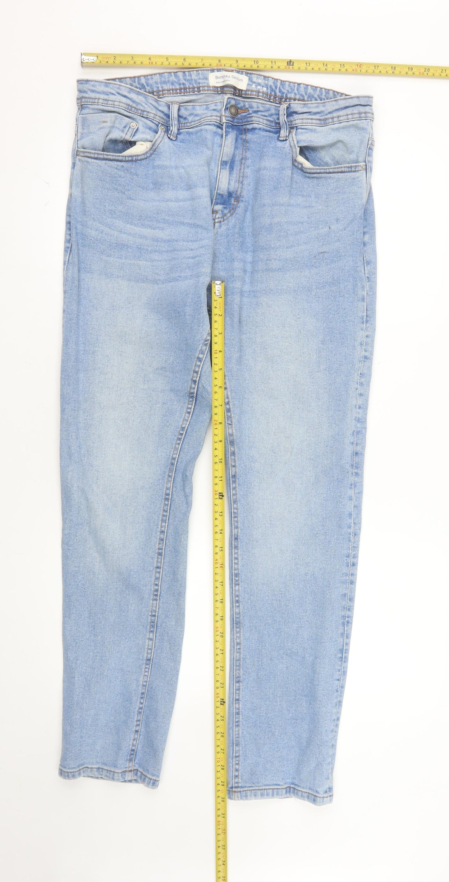 Bershka Denim Men Blue Slim Fit Light Wash Jeans 36W 36L