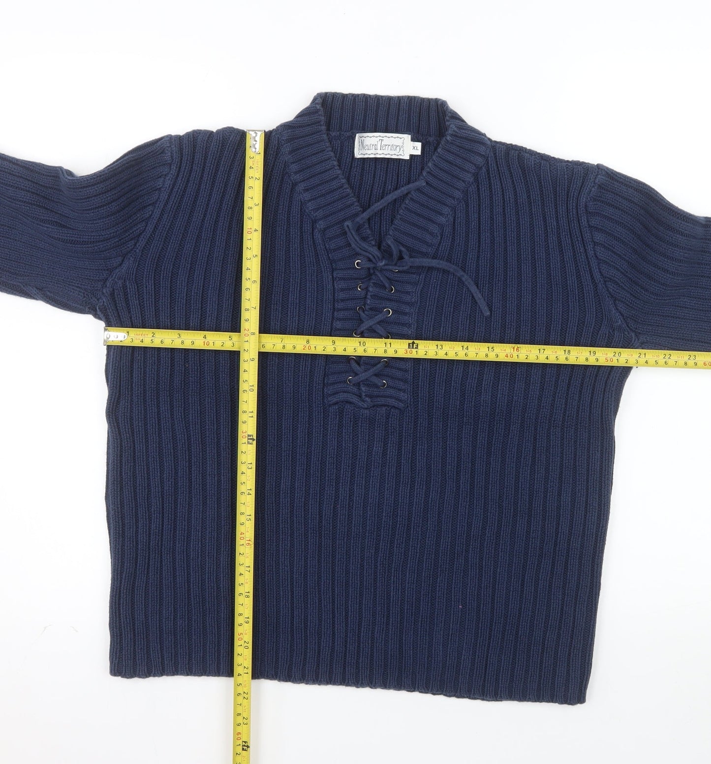 Neutral Territory Men's Blue Lace Up Knit Henley Sweatshirt XL