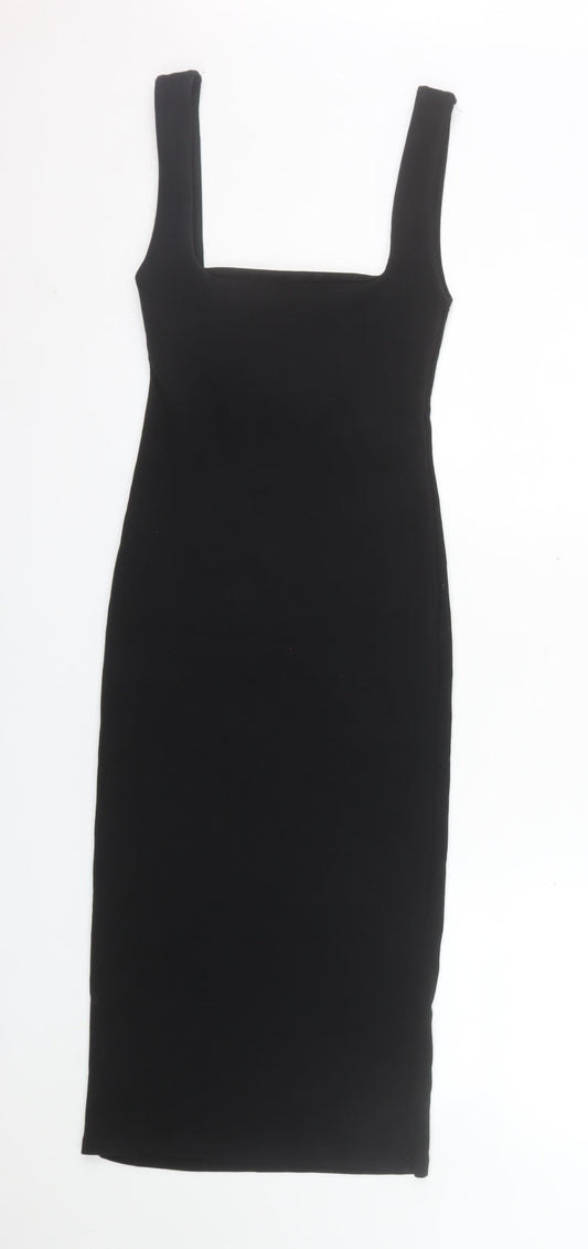 Zara Women Black Bodycon Midi Dress Size 8 Sleeveless Square Neck