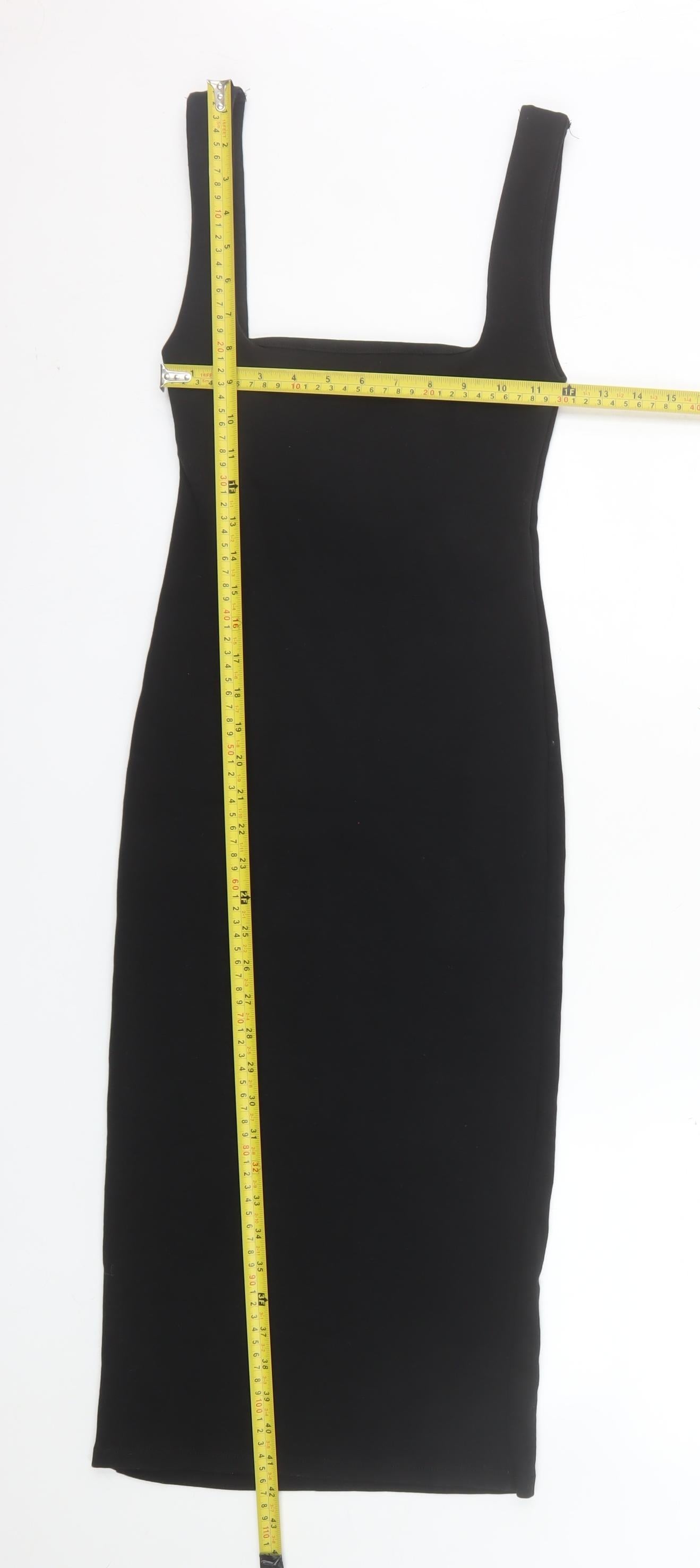 Zara Women Black Bodycon Midi Dress Size 8 Sleeveless Square Neck