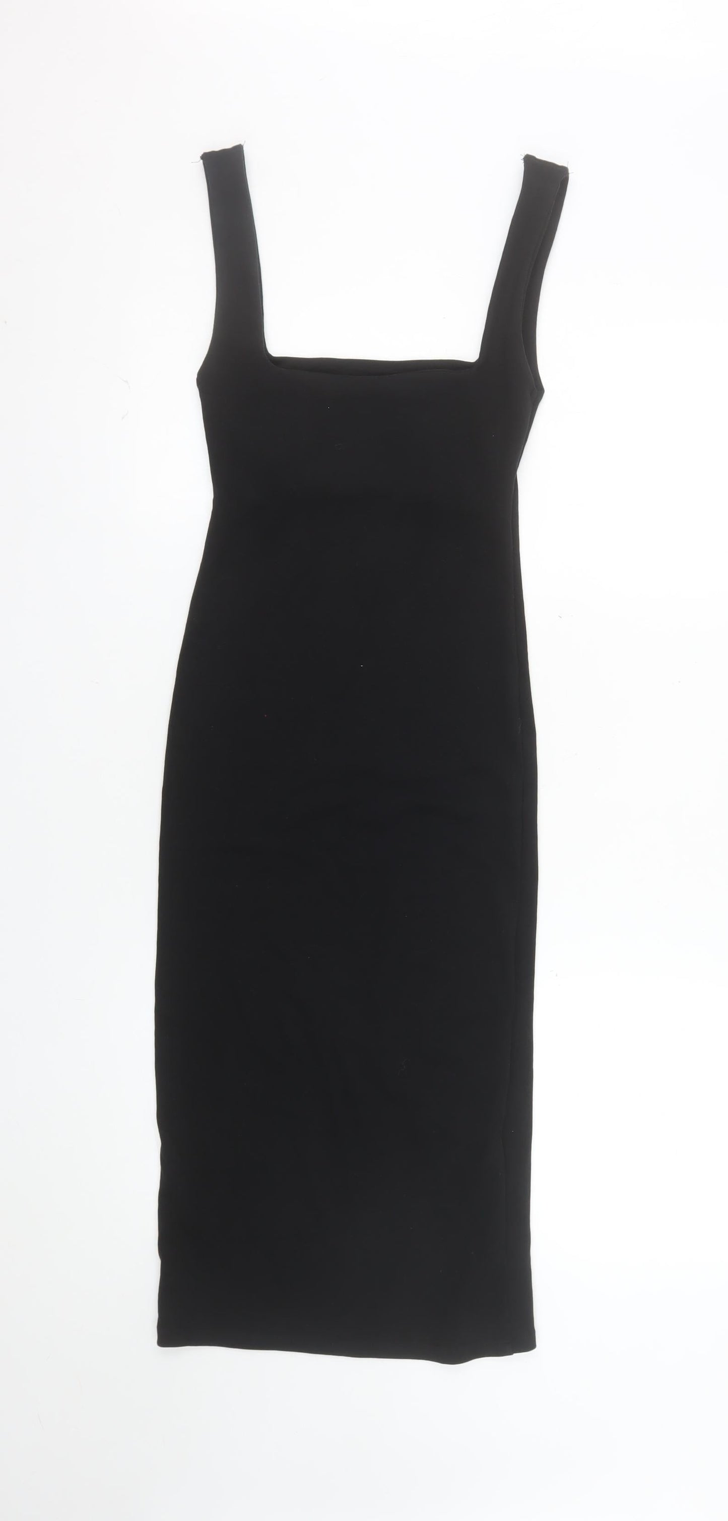 Zara Women Black Bodycon Midi Dress Size 8 Sleeveless Square Neck