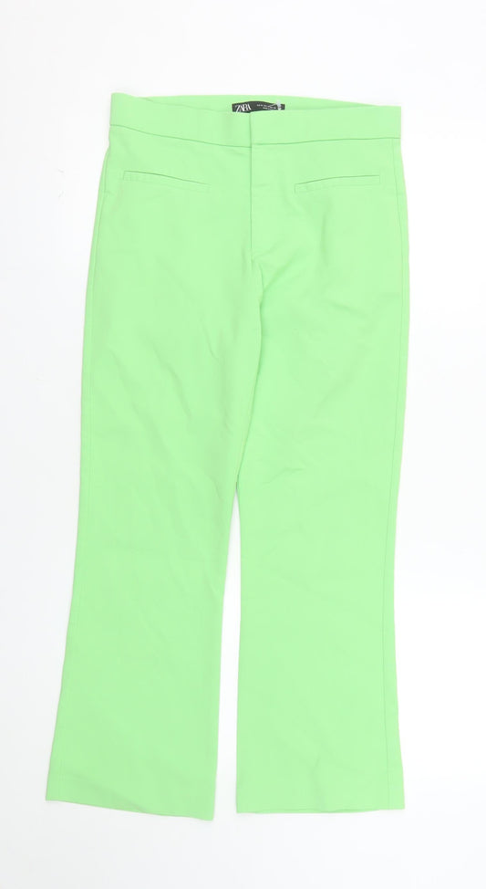Zara Women Green Mid Rise Straight Trousers Size M Cotton Blend