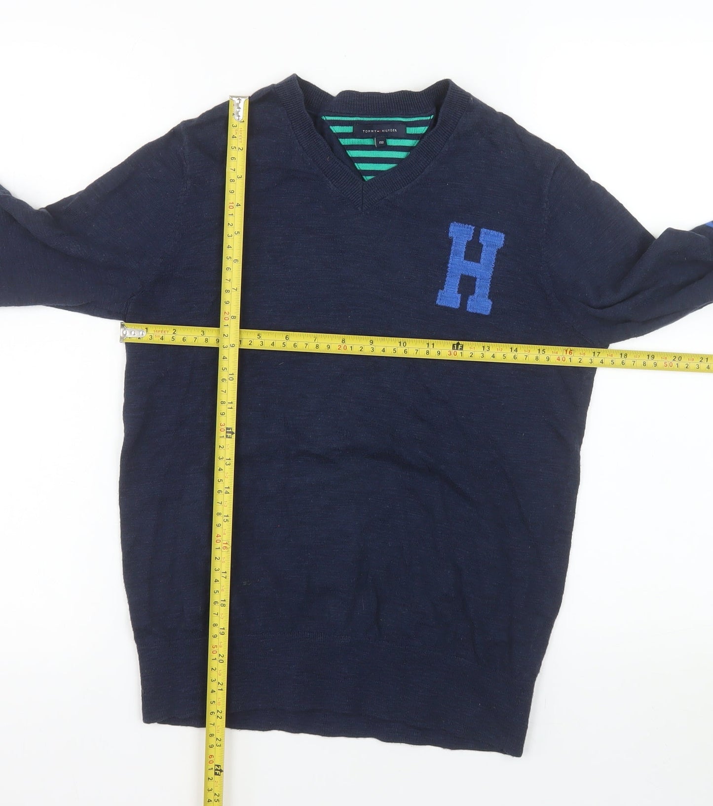 Tommy Hilfiger Boys Navy Blue Cotton V-Neck Jumper Size 152 (Age 12)