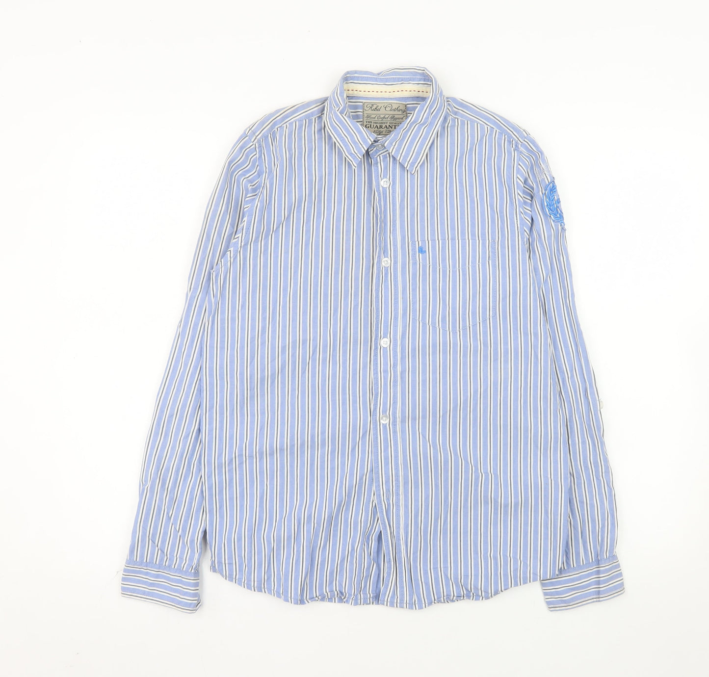 Rebel Clothing Men Blue Striped Cotton Button-Up Shirt L