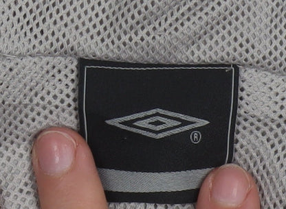 Brand and care label for Umbro boys’ grey hooded windbreaker jacket 9-10 years lightweight sportswear