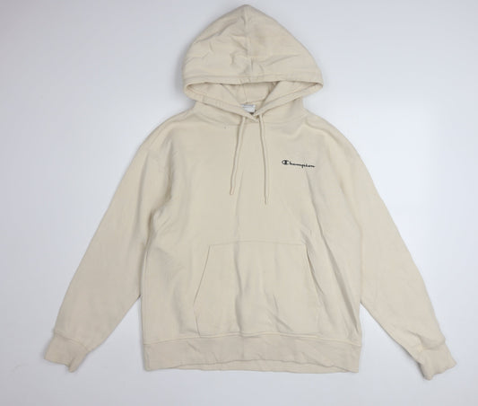 Preloved Champion Men's Beige Pullover Hoodie Large Cotton Fleece - Front