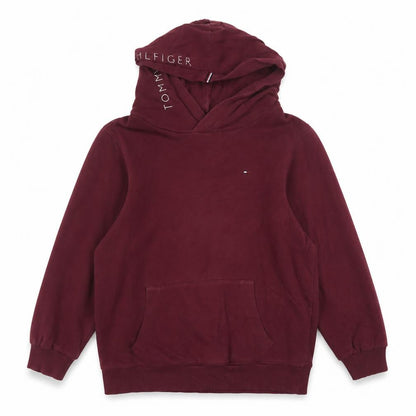 Front view of Tommy Hilfiger boys’ burgundy hoodie size 176cm pullover cotton blend