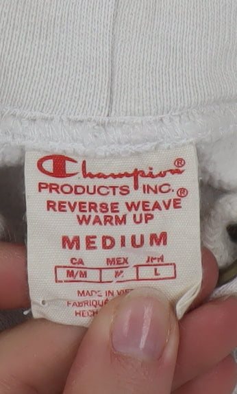 Champion Men's Ivory Pullover Hoodie Medium Logo Fleece Sweatshirt