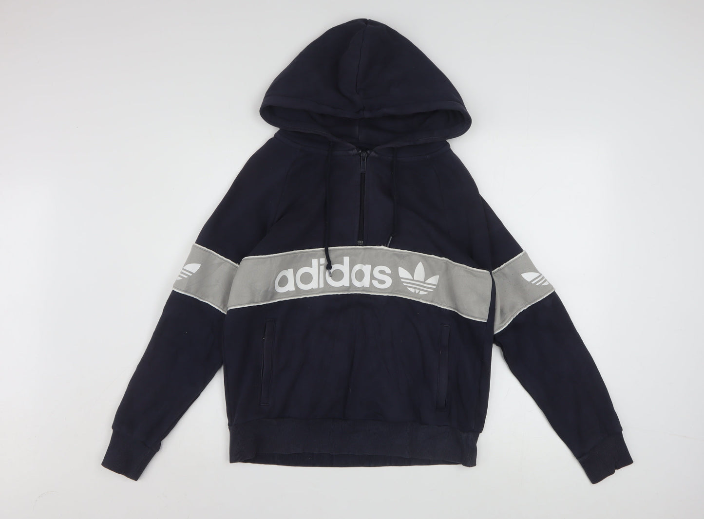 Adidas Women Navy Blue Pullover Hoodie Size L Cotton Blend Logo