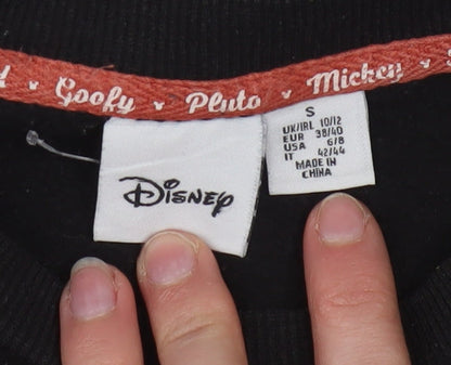 Brand and care label for Disney Women's Black Small Mickey Pluto Donald Goofy Sweatshirt