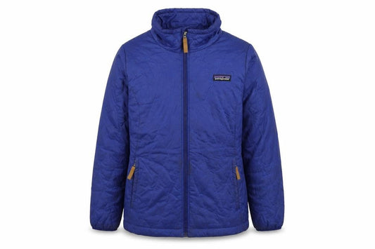 Front view of Patagonia boys’ blue insulated puffer jacket, size 10, years full zip winter coat
