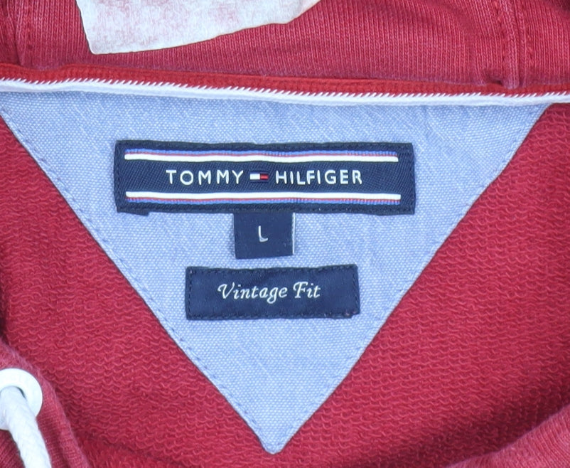 Tommy Hilfiger Men’s Red Pullover Hoodie L Vintage Fit Logo Graphic