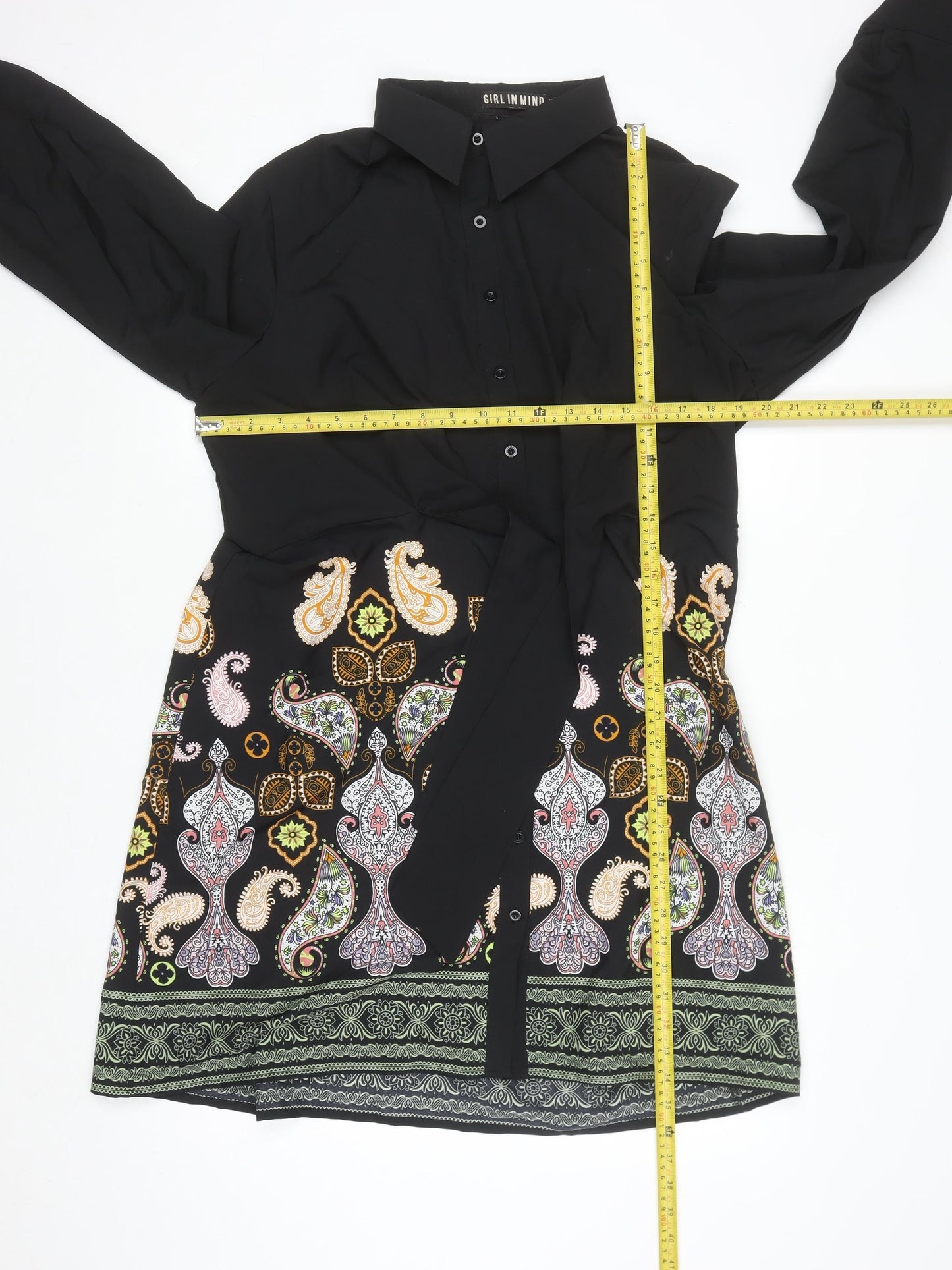 Girl In Mind Women Black Paisley Shirt Dress Size 16 Long Sleeve