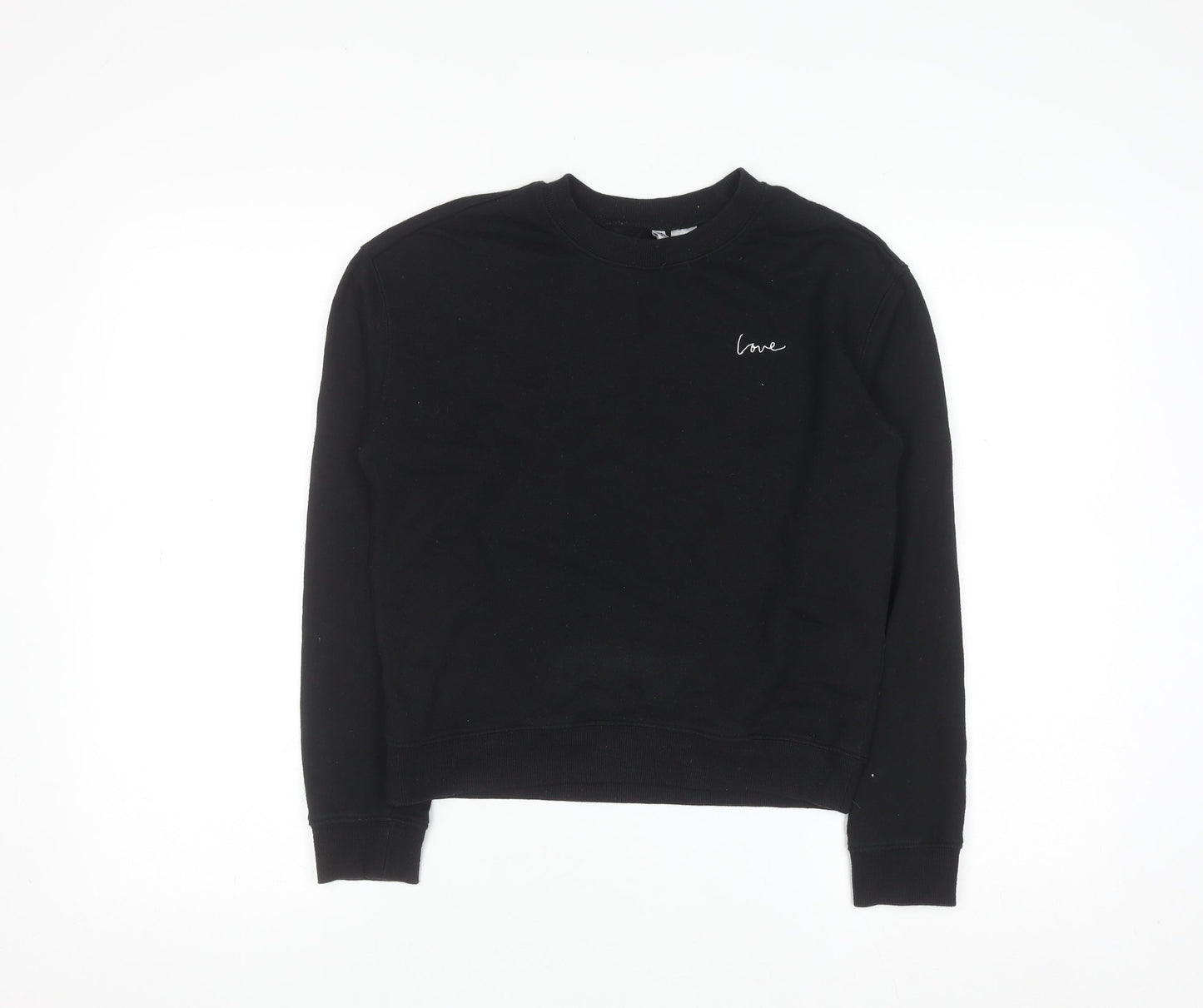 H&M Divided Women Black XS Pullover Sweatshirt with Love Embroidery