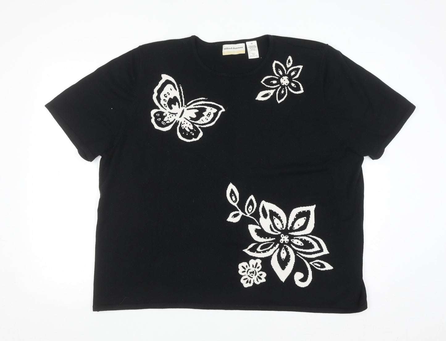 Alfred Dunner Women Black 2XL Floral Butterfly Knit Short Sleeve Jumper