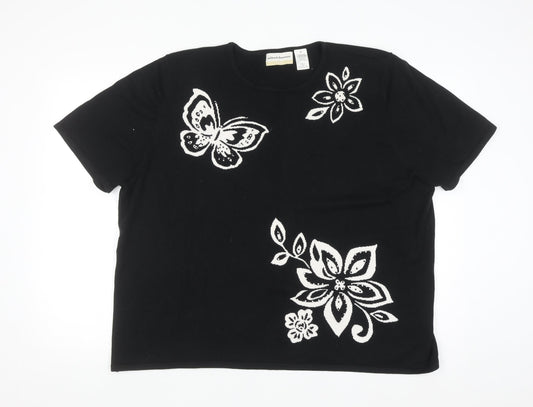Alfred Dunner Women Black 2XL Floral Butterfly Knit Short Sleeve Jumper