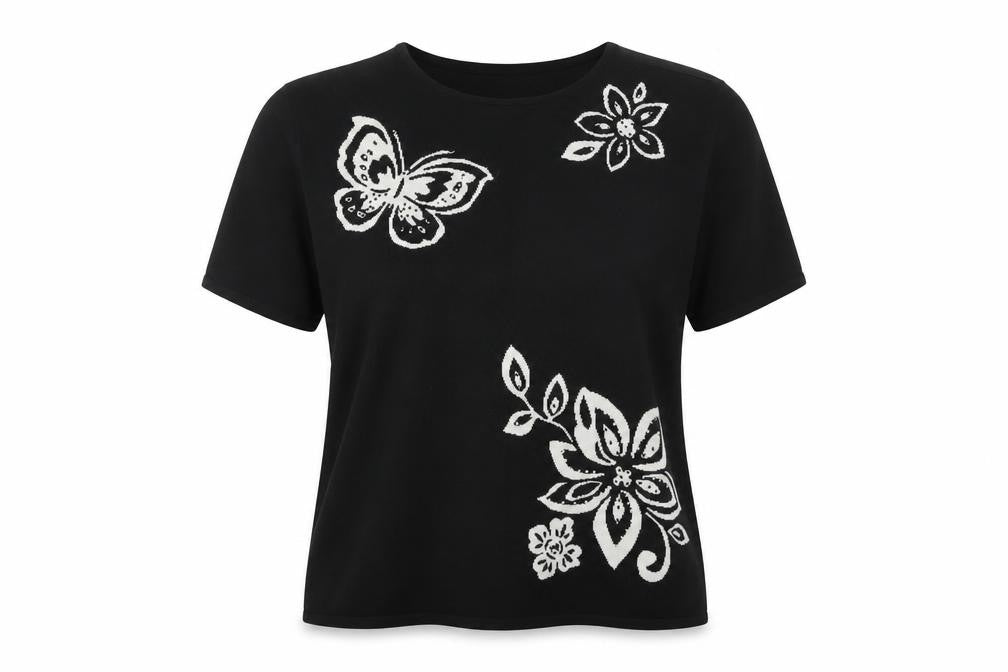 Alfred Dunner Women Black 2XL Floral Butterfly Knit Short Sleeve Jumper