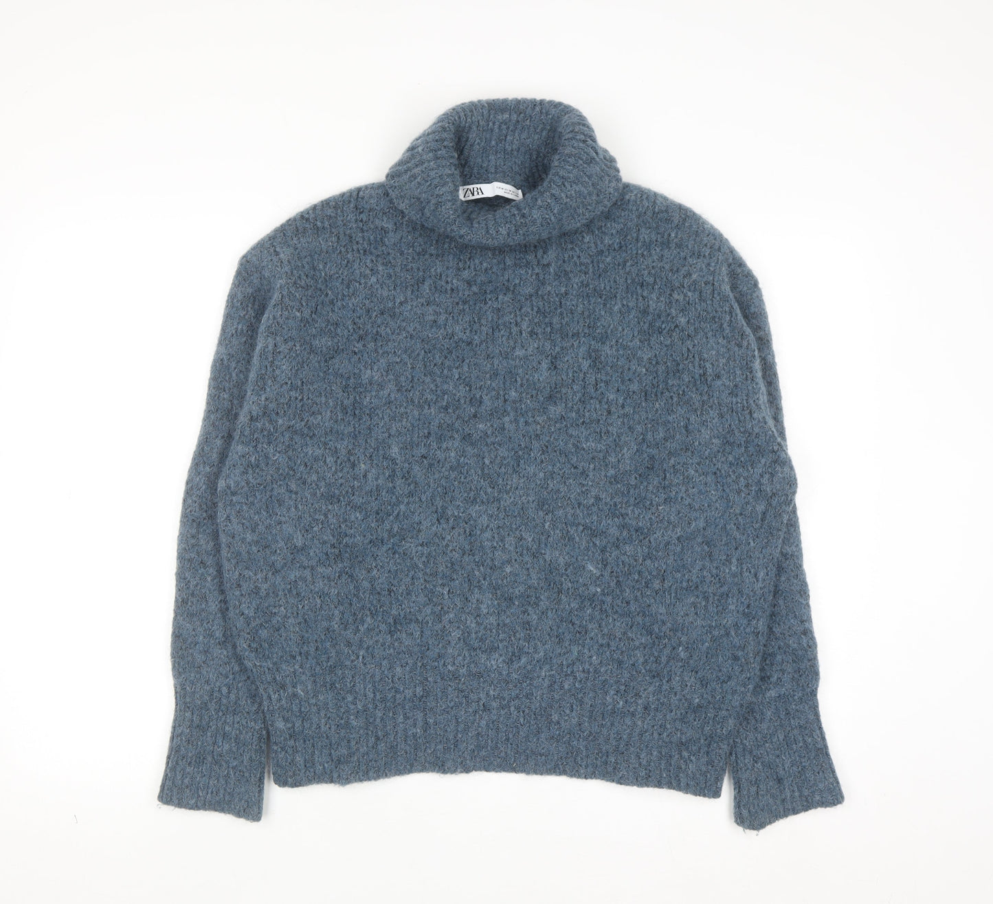 ZARA Women Blue Roll Neck Chunky-Knit Wool Blend Jumper Size 12